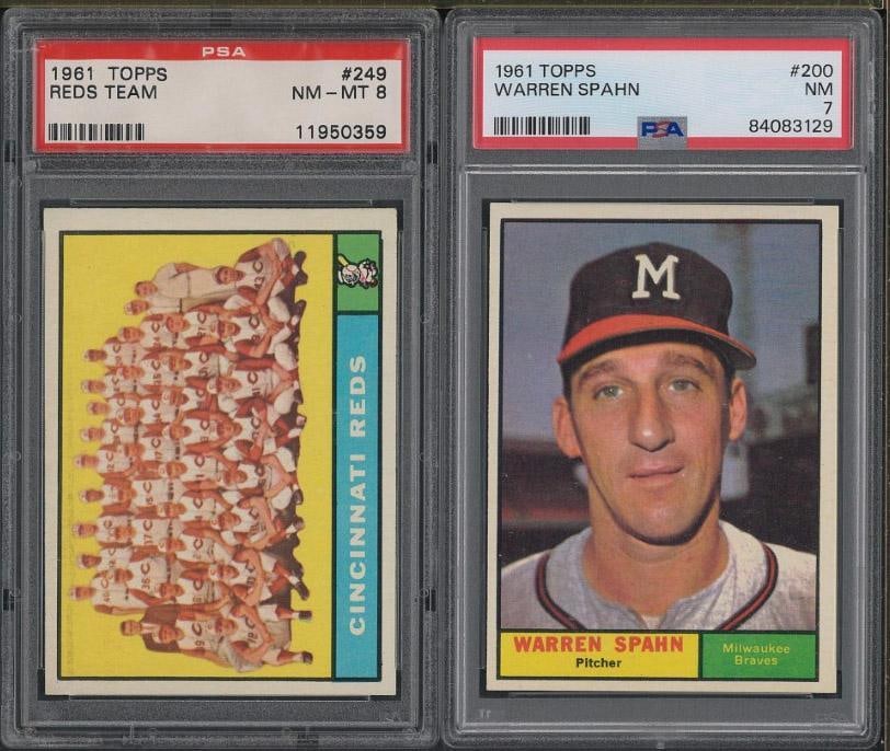 (2) 1961 Topps Cards: (2) 1961 Topps Cards -#200 Warren Spahn, PSA NM 7 & #249 Reds Team, PSA NM-MT 8