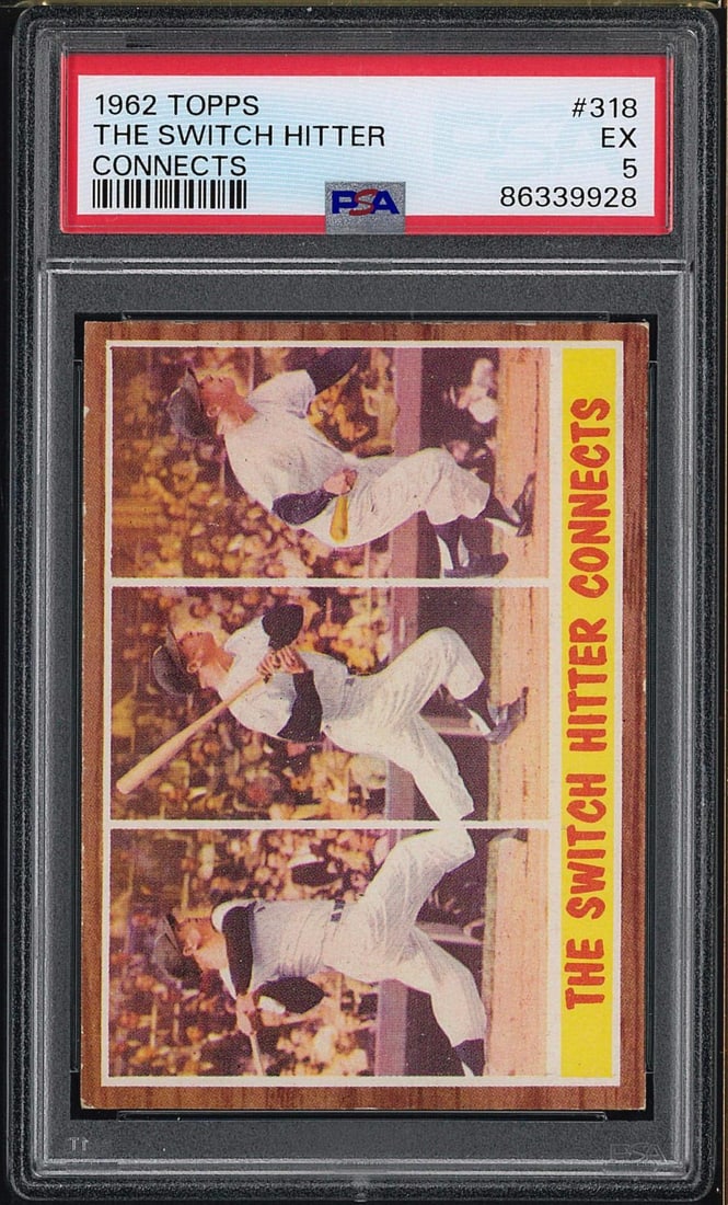 1962 Topps #318 The Switch Hitter Connects (Mickey Mantle): 1962 Topps #318 The Switch Hitter Connects (Mickey Mantle) -PSA EX 5