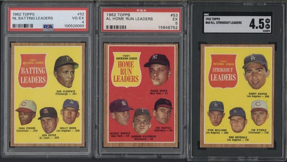 (3) 1962 Topps Cards: (3) 1962 Topps Cards -#52 N.L. Batting Leaders, PSA VG-EX 4; #53 A.L. Home Run Leaders, PSA EX 5 & #60 N.L. Strikeout Leaders, SGC VG-EX+ 4.5