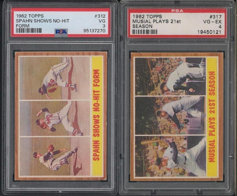 (2) 1962 Topps Cards: (2) 1962 Topps Cards -#312 Spahn Shows No-Hit Form, PSA VG 3 & #317 Musial Plays 21st Season, PSA VG-EX 4