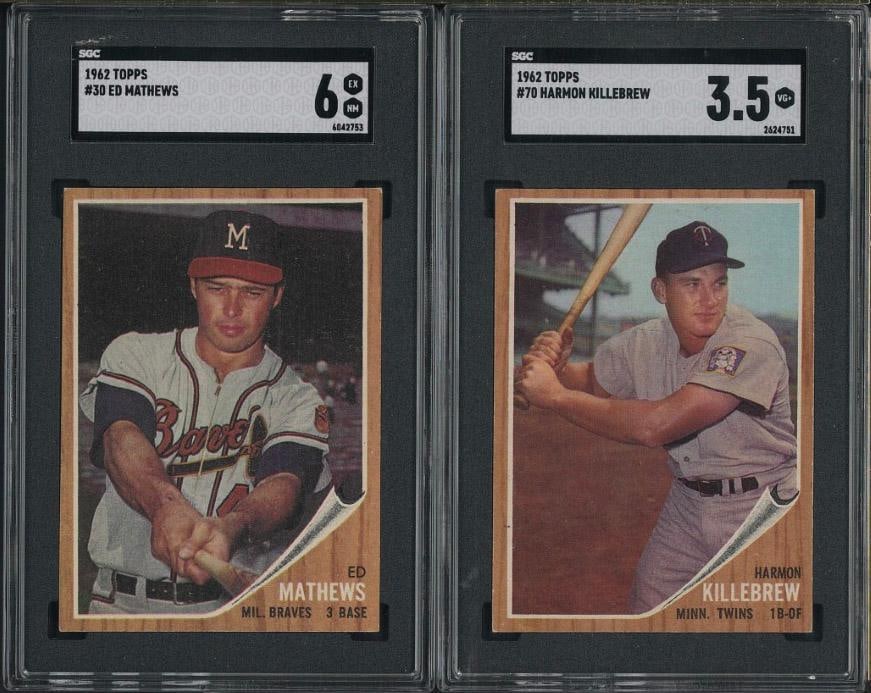 (2) 1962 Topps Cards: (2) 1962 Topps Cards -#30 Ed Mathews, SGC EX-NM 6 & #70 Harmon Killebrew, SGC VG+ 3.5