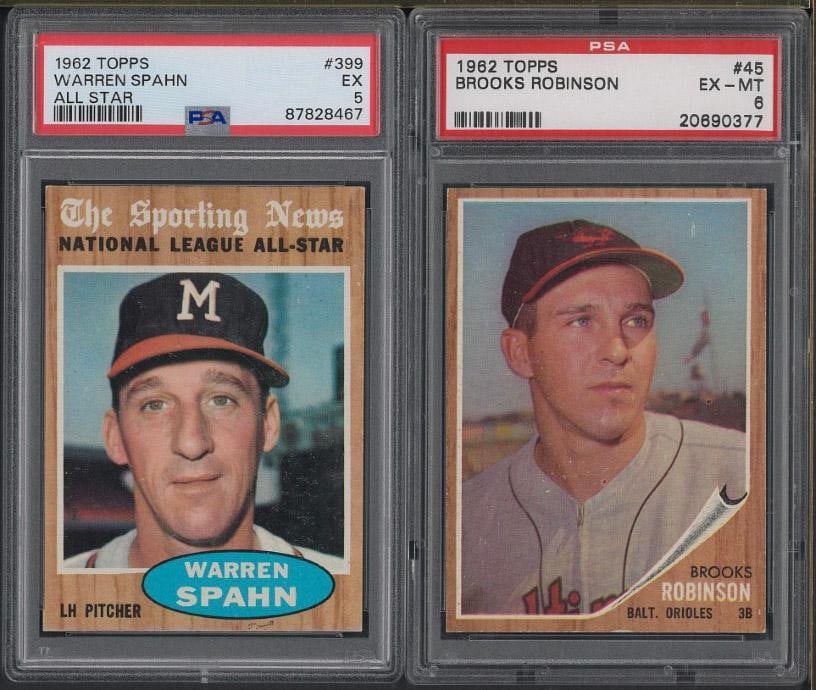 (2) 1962 Topps Cards: (2) 1962 Topps Cards -#45 Brooks Robinson, PSA EX-MT 6 & #399 Warren Spahn, PS EX 5