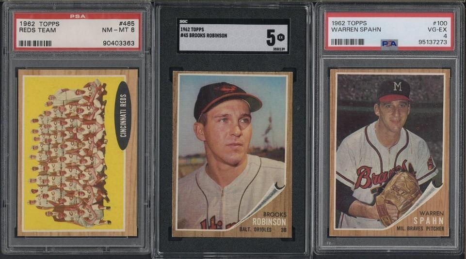 (3) 1962 Topps Cards: (3) 1962 Topps Cards -#45 Brooks Robinson, SGC EX 5; #100 Warren Spahn, PSA VG-EX 4 & #465 Reds Team, PSA NM-MT 8