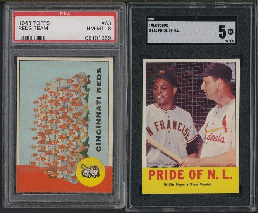 (2) 1963 Topps Cards: (2) 1963 Topps Cards -#63 Reds Team, PSA NM-MT 8 & #138 Pride of N.L., SGC EX 5