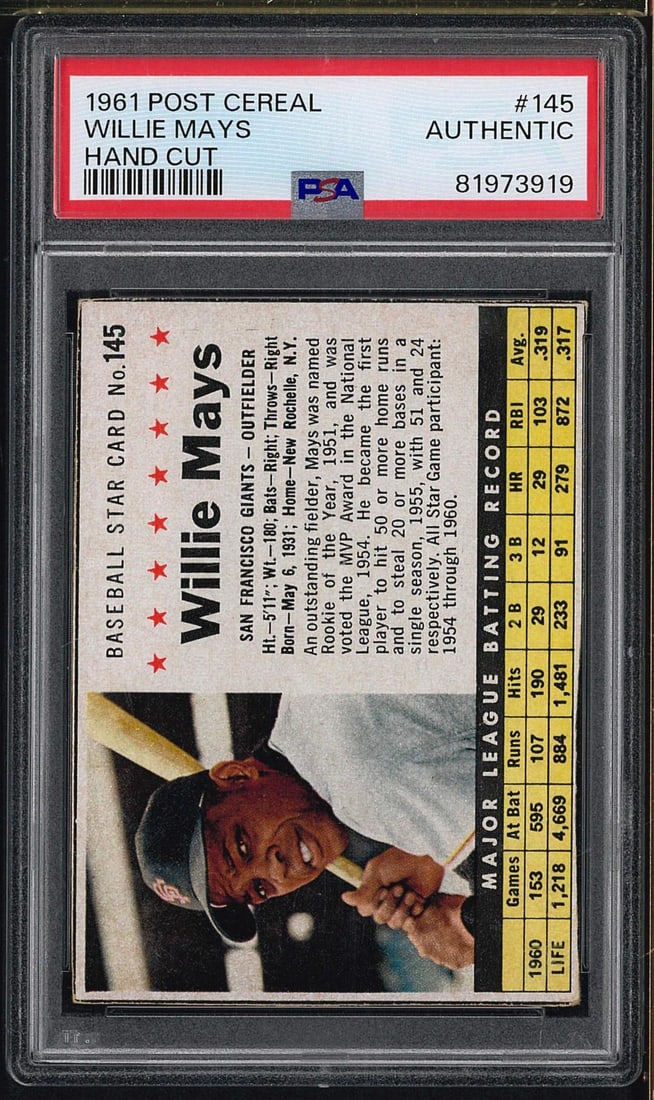 1961 Post Cereal #145 Willie Mays: 1961 Post Cereal #145 Willie Mays -PSA Authentic