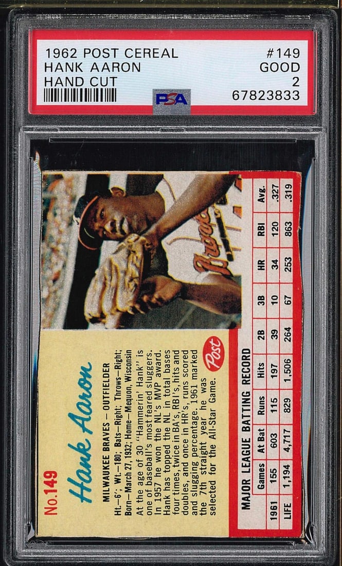 1962 Post Cereal #149 Hank Aaron: 1962 Post Cereal #149 Hank Aaron -PSA Good 2