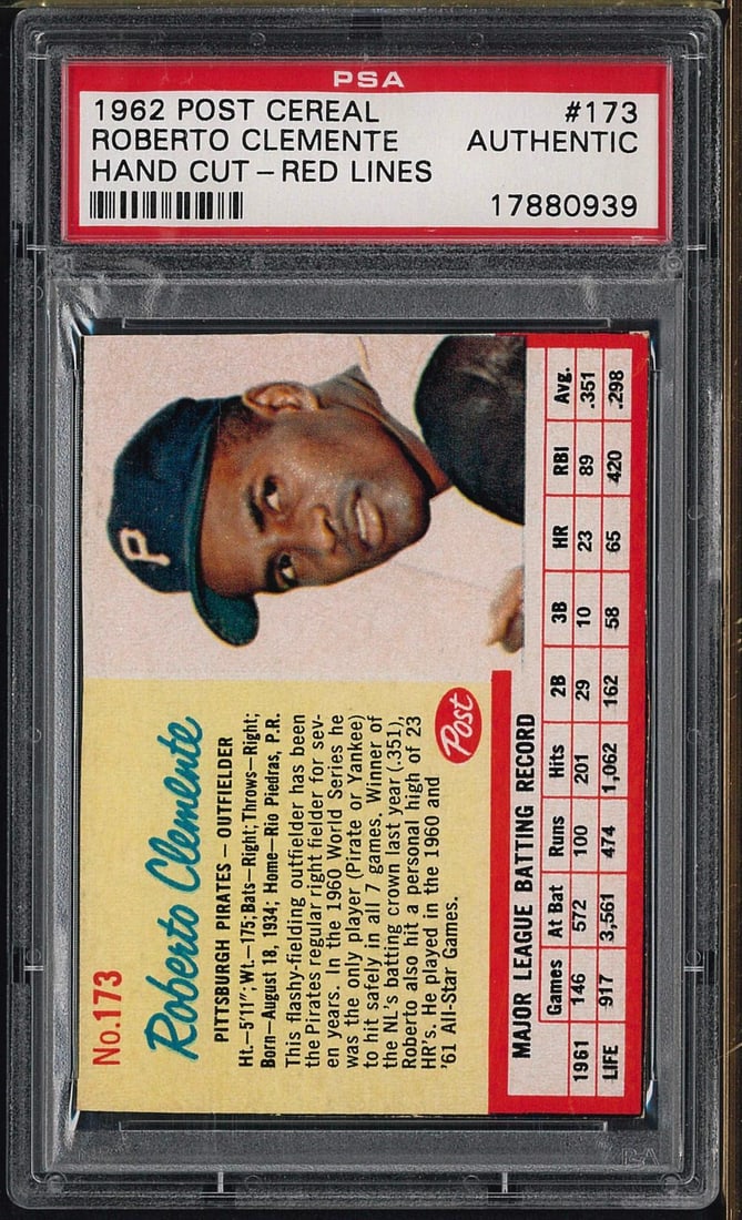1962 Post Cereal #173 Roberto Clemente: 1962 Post Cereal #173 Roberto Clemente -PSA Authentic