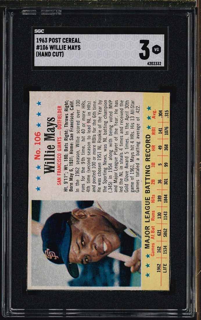 1963 Post Cereal #106 Willie Mays: 1963 Post Cereal #106 Willie Mays -SGC VG 3