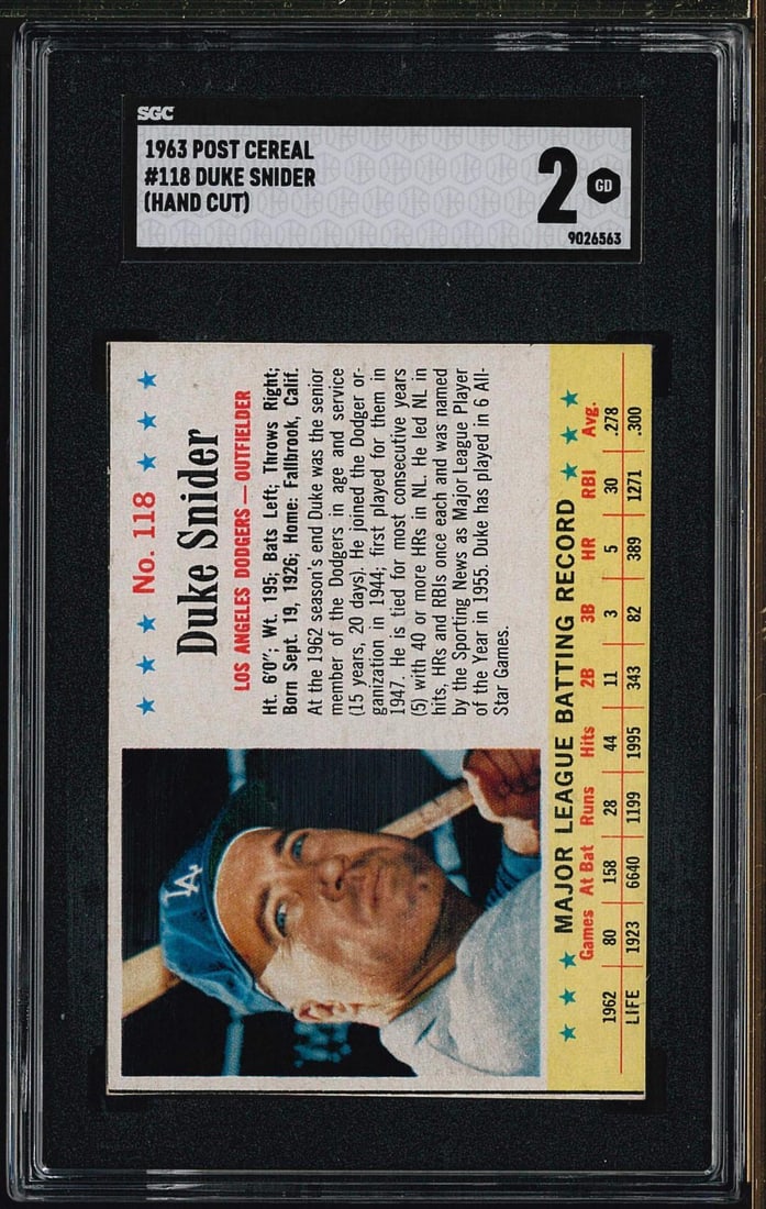 1963 Post Cereal #118 Duke Snider: 1963 Post Cereal #118 Duke Snider -SGC GD 2