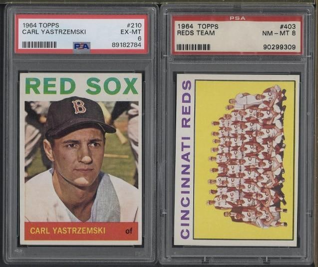 (2) 1964 Topps Cards: (2) 1964 Topps Cards -#210 Carl Yastrzemski, PSA EX-MT 6 & #403 Reds Team, PSA NM-MT 8