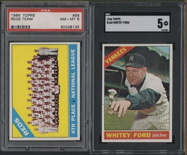 (2) 1966 Topps Cards: (2) 1966 Topps Cards -#160 Whitey Ford, SGC EX 5 & #59 Reds Team, PSA NM-MT 8