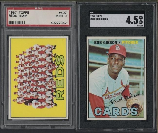 (2) 1967 Topps Cards: (2) 1967 Topps Cards -#210 Bob Gibson, SGC VG-EX+ 4.5 & #407 Reds Team, PSA Mint 9