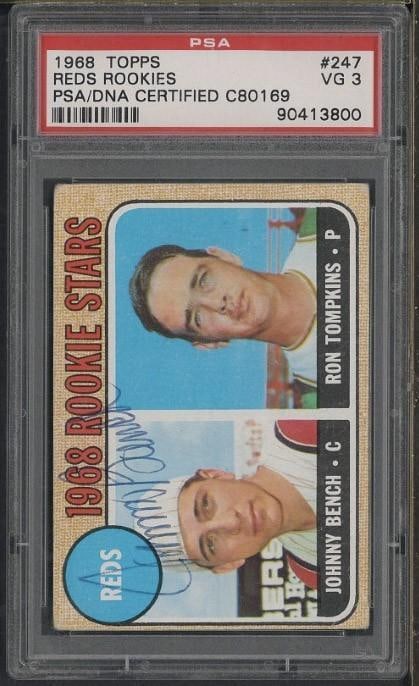 1968 Topps #247 Reds Rookie Stars: 1968 Topps #247 Reds Rookie Stars -signed by Johnny Bench, PSA VG 3