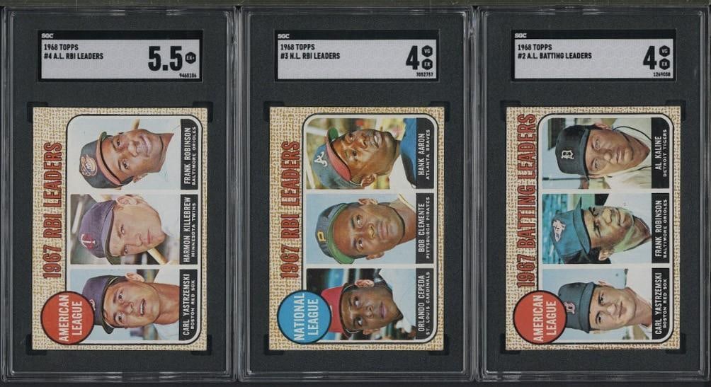(3) 1968 Topps Cards: (3) 1968 Topps Cards -#2 A.L. Batting Leaders, SGC VG-EX 4; #3 N.L. RBI Leaders, SGC VG-EX 4 & #4 A.L. RBI Leaders, SGC EX+ 5.5