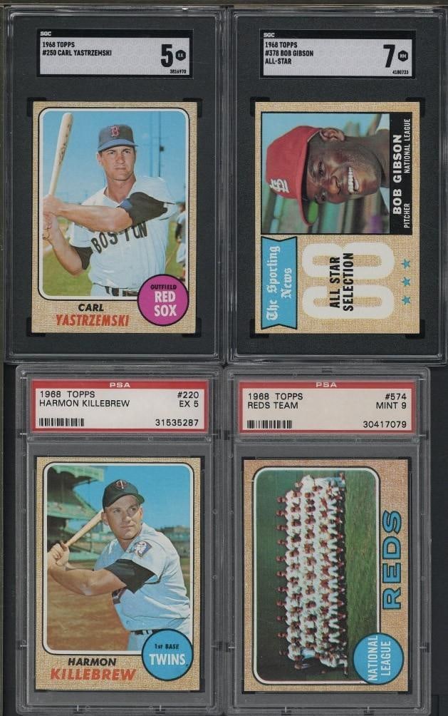 (4) 1968 Topps Cards: (4) 1968 Topps Cards -#250 Carl Yastrzemski, SGC EX 5; #220 Harmon Killebrew, PSA EX 5; #574 Reds Team, PSA Mint 9 & #378 Bob Gibson, SGC NM 7