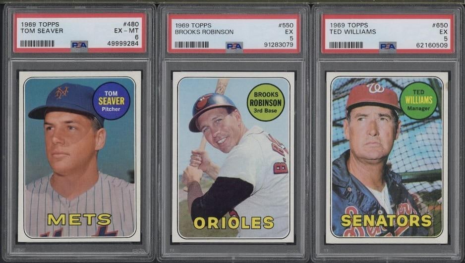 (3) 1969 Topps Cards: (3) 1969 Topps Cards -#550 Brooks Robinson, PSA EX 5; #650 Ted Williams, PSA EX 5 & #480 Tom Seaver, PSA EX-MT 6