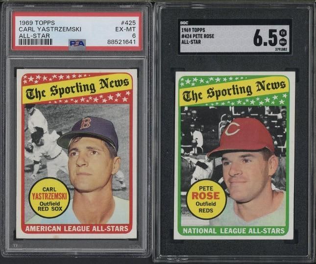(2) 1969 Topps Cards: (2) 1969 Topps Cards -#424 Pete Rose All-Star, SGC EX-NM+ 6.5 & #425 Carl Yastrzemski, PSA EX-MT 6