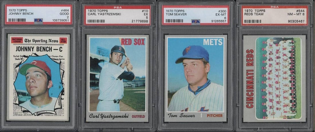 (4) 1970 Topps Cards: (4) 1970 Topps Cards -#10 Carl Yastrzemski, PSA EX 5; #464 Johnny Bench, PSA Good 2; #544 Reds Team, PSA NM-MT 8 & #300 Tom Seaver, PSA EX-MT 6