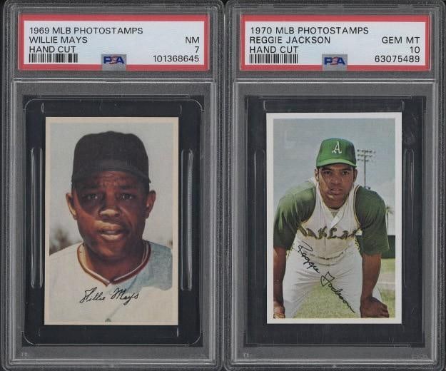 (2) MLB Photostamps: (2) MLB Photostamps -1969 Willie Mays, PSA NM 7 & 1970 Reggie Jackson, PSA Gem MT 10