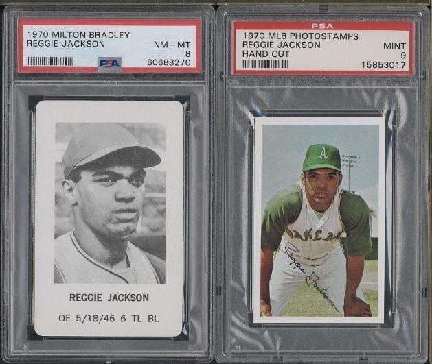 (2) Reggie Jackson Cards: (2) Reggie Jackson Cards -1970 Milton Bradley, PSA NM-MT 8 & 1970 MLB Photostamp, PSA Mint 9