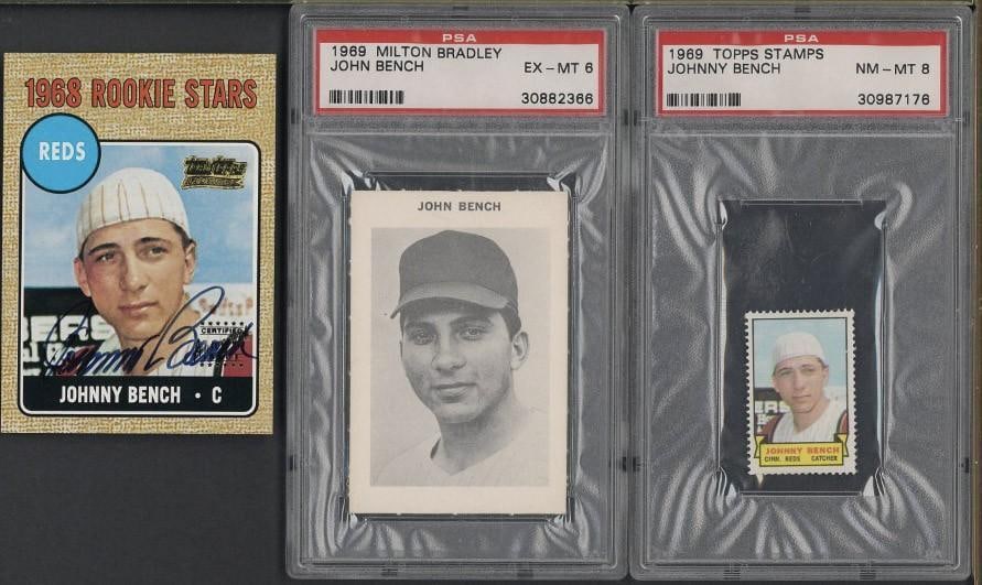 (3) Johnny Bench Articles: (3) Johnny Bench Articles -1969 Topps Stamp, PSA NM-MT 8; 1969 Milton Bradley Card, PSA EX-MT 6 & autographed Topps 1968 Rookie Stars Card Reprint