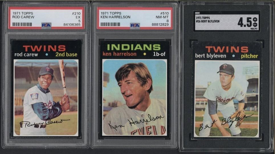 (3) 1971 Topps Cards: (3) 1971 Topps Cards -#210 Rod Carew, PSA EX 5; #26 Bert Blyleven, SGC VG-EX+ 4.5 & #510 Ken Harrelson, PSA NM-MT 8