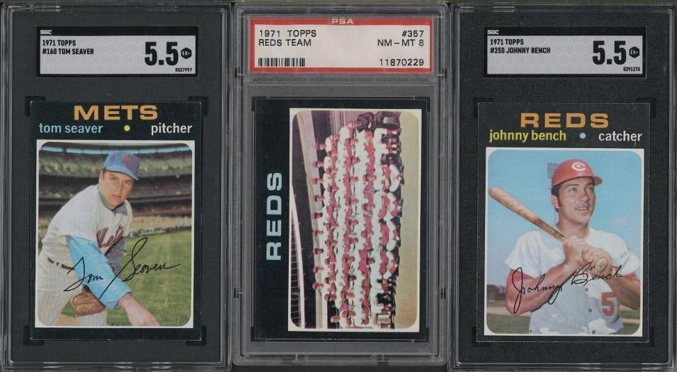 (3) 1971 Topps Cards: (3) 1971 Topps Cards -#160 Tom Seaver, SGC EX+ 5.5; #250 Johnny Bench, SGC EX+ 5.5 & #357 Reds Team, PSA NM-MT 8