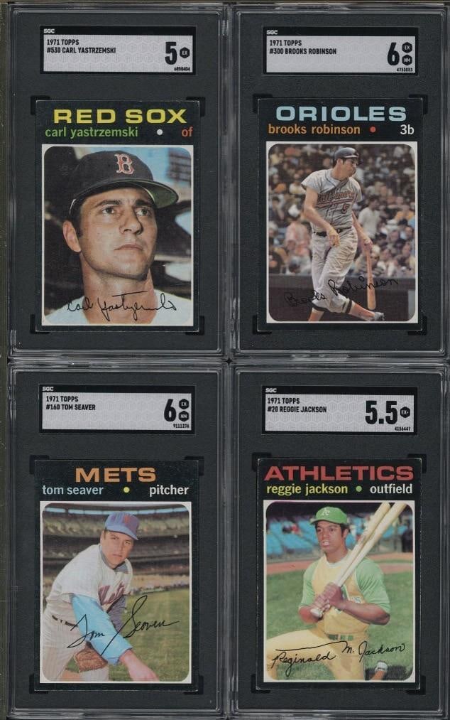 (4) 1971 Topps Cards: (4) 1971 Topps Cards -#160 Tom Seaver, SGC EX-NM 6; #300 Brooks Robinson, SGC EX-NM 6; #530 Carl Yastrzemski, SGC EX 5 & #20 Reggie Jackson, SGC EX+ 5.5