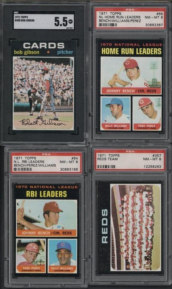 (4) 1971 Topps Cards: (4) 1971 Topps Cards -#450 Bob Gibson, SGC EX+ 5.5; #357 Reds Team, PSA NM-MT 8; #66 N.L. Home Run Leaders, PSA NM-MT 8 & #64 N.L. RBI Leaders, PSA NM-MT 8