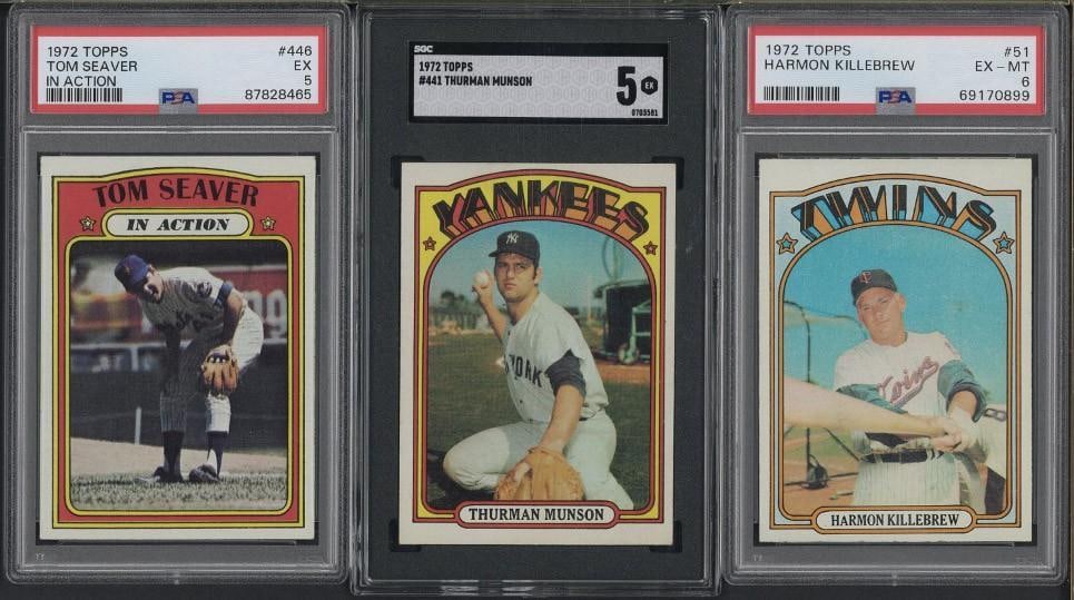 (3) 1972 Topps Cards: (3) 1972 Topps Cards -#446 Tom Seaver, PSA EX 5; #51 Harmon Killebrew, PSA EX-MT 6 & #441 Thurman Munson, SGC EX 5