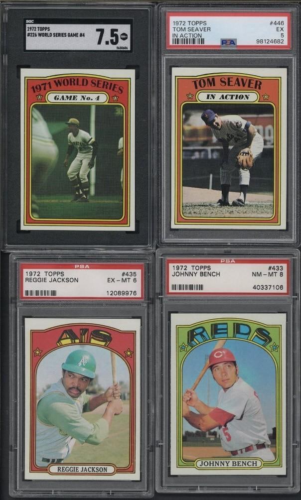 (4) 1972 Topps Cards: (4) 1972 Topps Cards -#226 World Series Game #4, SGC NM+ 7.5; #446 Tom Seaver, PSA EX 5; #435 Reggie Jackson, PSA EX-MT 6 & #433 Johnny Bench, PSA NM-MT 8