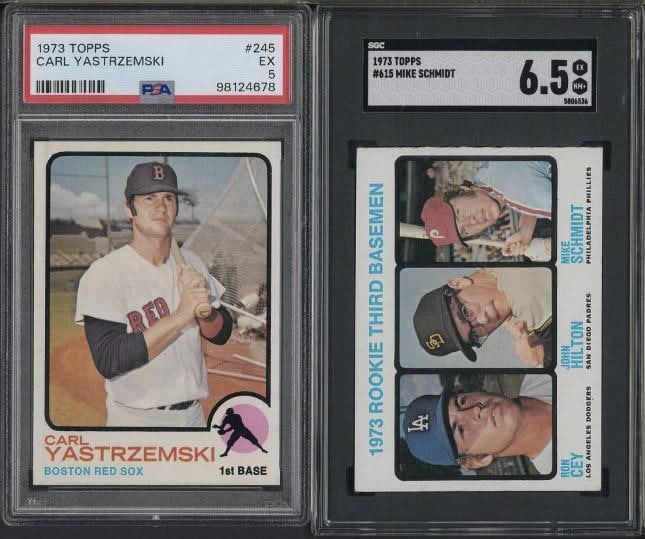 (2) 1973 Topps Cards: (2) 1973 Topps Cards -#245 Carl Yastrzemski, PSA EX 5 & #615 Mike Schmidt, SGC EX-NM+ 6.5