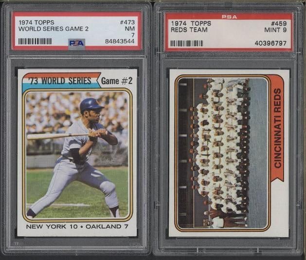 (2) 1974 Topps Cards: (2) 1974 Topps Cards -#459 Reds Team, PSA Mint 9 & #473 World Series Game 2, PSA NM 7