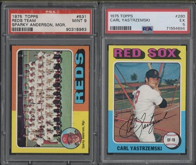 (2) 1975 Topps Cards: (2) 1975 Topps Cards -#280 Carl Yastrzemski, PSA EX 5 & #531 Reds Team, PSA Mint 9