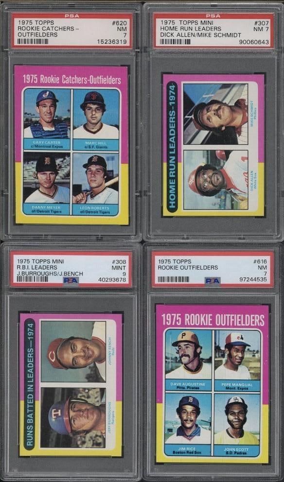(4) 1975 Topps Cards: (4) 1975 Topps Cards -#307 Home Run Leaders, PSA NM 7; #308 RBI Leaders, PSA Mint 9; #616 Rookie Outfielders, PSA NM 7 & #620 Rookie Catchers-Outfielders, PSA NM 7
