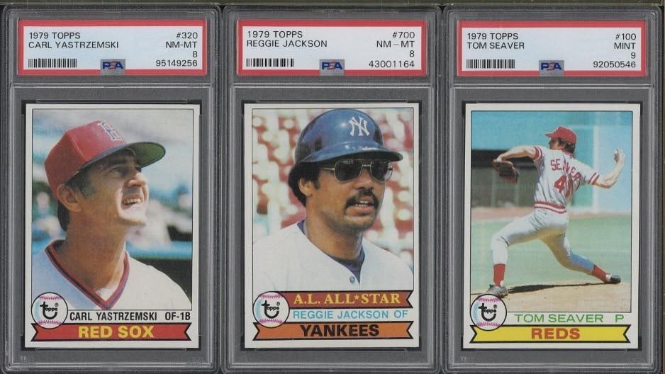 (3) 1979 Topps Cards: (3) 1979 Topps Cards -#320 Carl Yastrzemski, PSA NM-MT 8; #700 Reggie Jackson, PSA NM-MT 8 & #100 Tom Seaver, PSA Mint 9