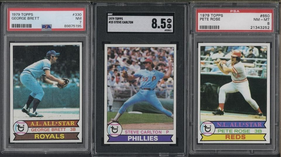 (3) 1979 Topps Cards: (3) 1979 Topps Cards -#330 George Brett, PSA NM 7; #25 Steve Carlton, SGC NM-MT+ 8.5 & #650 Pete Rose, PSA NM-MT 8
