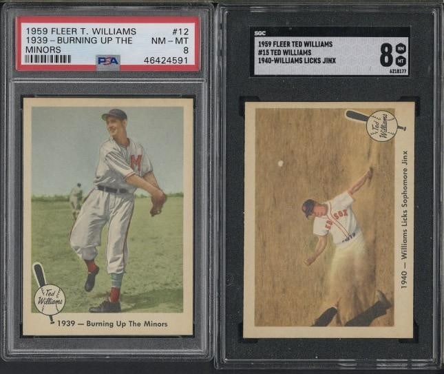 (2) 1959 Fleer Ted Williams Cards: (2) 1959 Fleer Ted Williams Cards -#12 1939-Burning Up The Minors, PSA NM-MT 8 & #12 1940-Williams Licks Jinx, SGC NM-MT 8