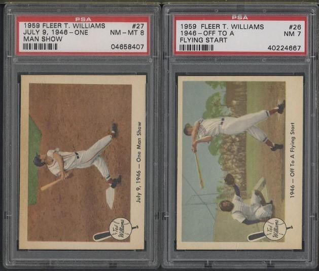 (2) 1959 Fleer Ted Williams Cards: (2) 1959 Fleer Ted Williams Cards -#26 - Off to a Flying Start, PSA MN 7 & #27 - July 9, 1946 - One Man Show, PSA Nm-MT 8