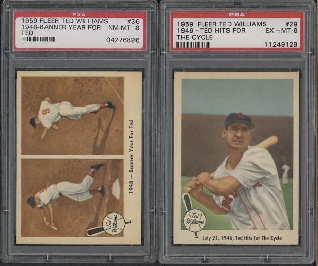 (2) 1959 Fleer Ted Williams Cards: (2) 1959 Fleer Ted Williams Cards -#29 - Ted Hits for the Cycle, PSA EX-MT 6 & #36 - Banner Year for Ted, PSA NM-MT 8