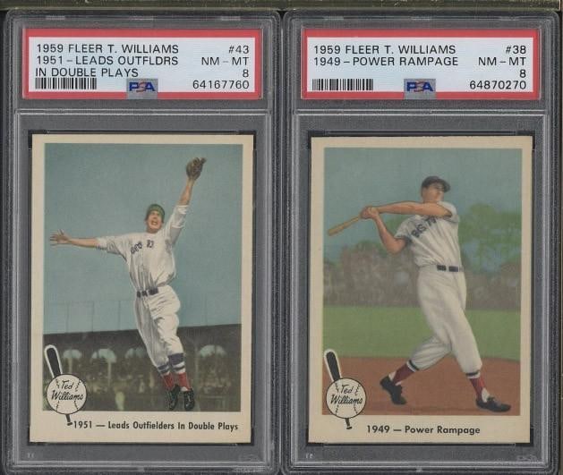 (2) 1959 Fleer Ted Williams Cards: (2) 1959 Fleer Ted Williams Cards -#38 - Power Rampage, PSA NM-MT 8 & #43 - Leads Outfielders in Double Plays, PSA Nm-MT 8