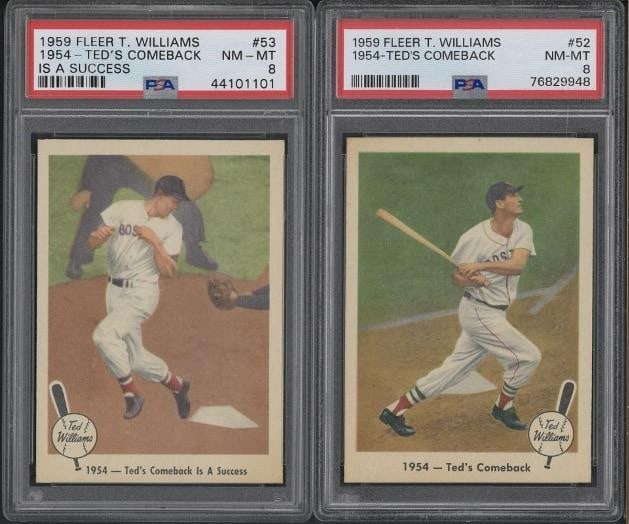 (2) 1959 Fleer Ted Williams Cards: (2) 1959 Fleer Ted Williams Cards -#52 - Ted's Comeback, PSA NM-MT 8 & #53 - Ted's Comeback is a Success, PSA NM-MT 8