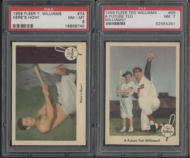 (2) 1959 Fleer Ted Williams Cards: (2) 1959 Fleer Ted Williams Cards -#69 - A Future Ted Williams?, PSA NM 7 & #74 - Here's How!, PSA NM-MT 8