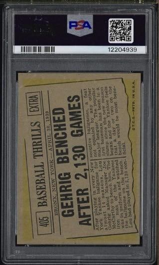 1961 Topps Baseball Thrills #405 Gehrig Benched After 2,130 Games - 2