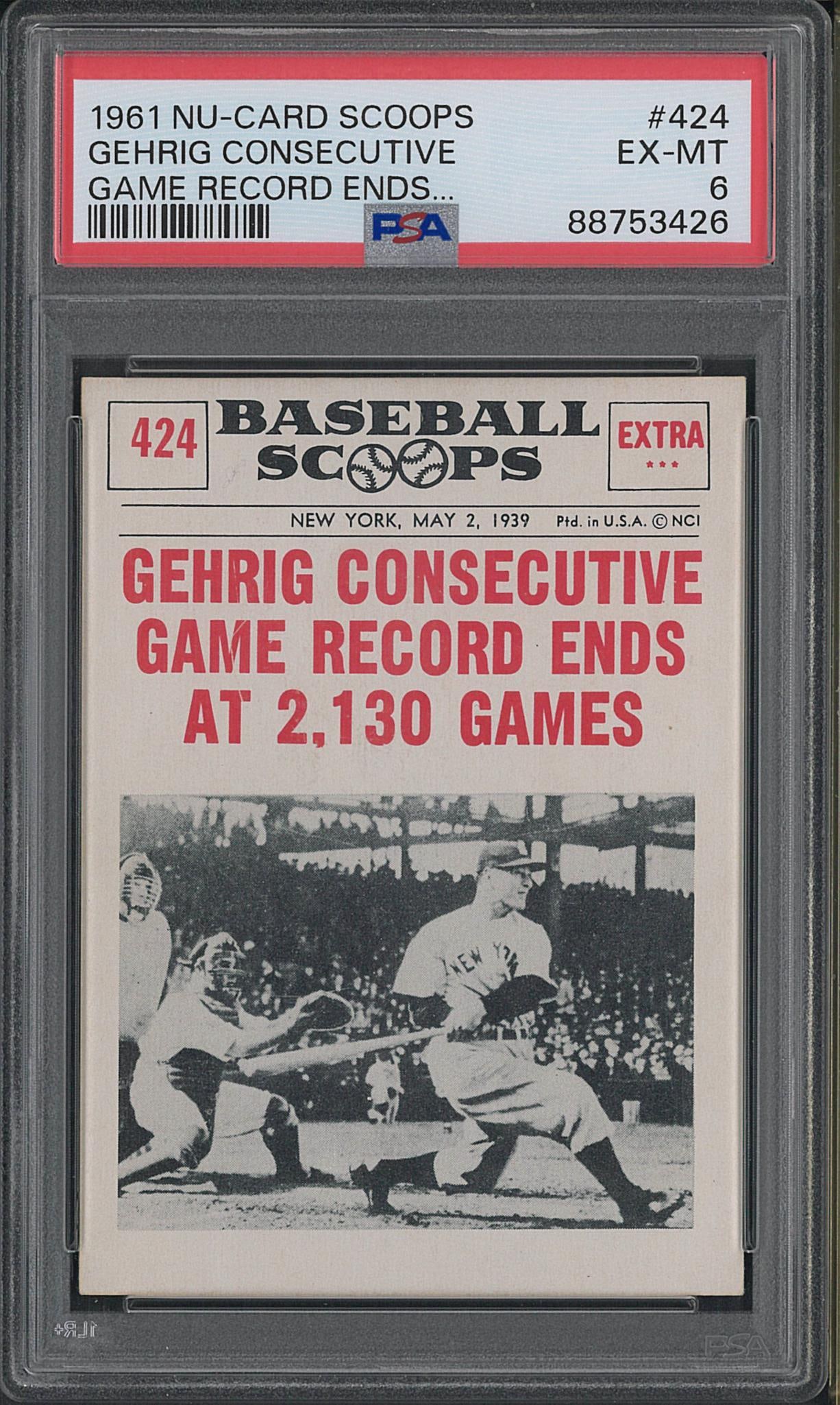 1961 Nu-Card Scoops #424 Gehrig Consecutive Game Record Ends (1 of 2)