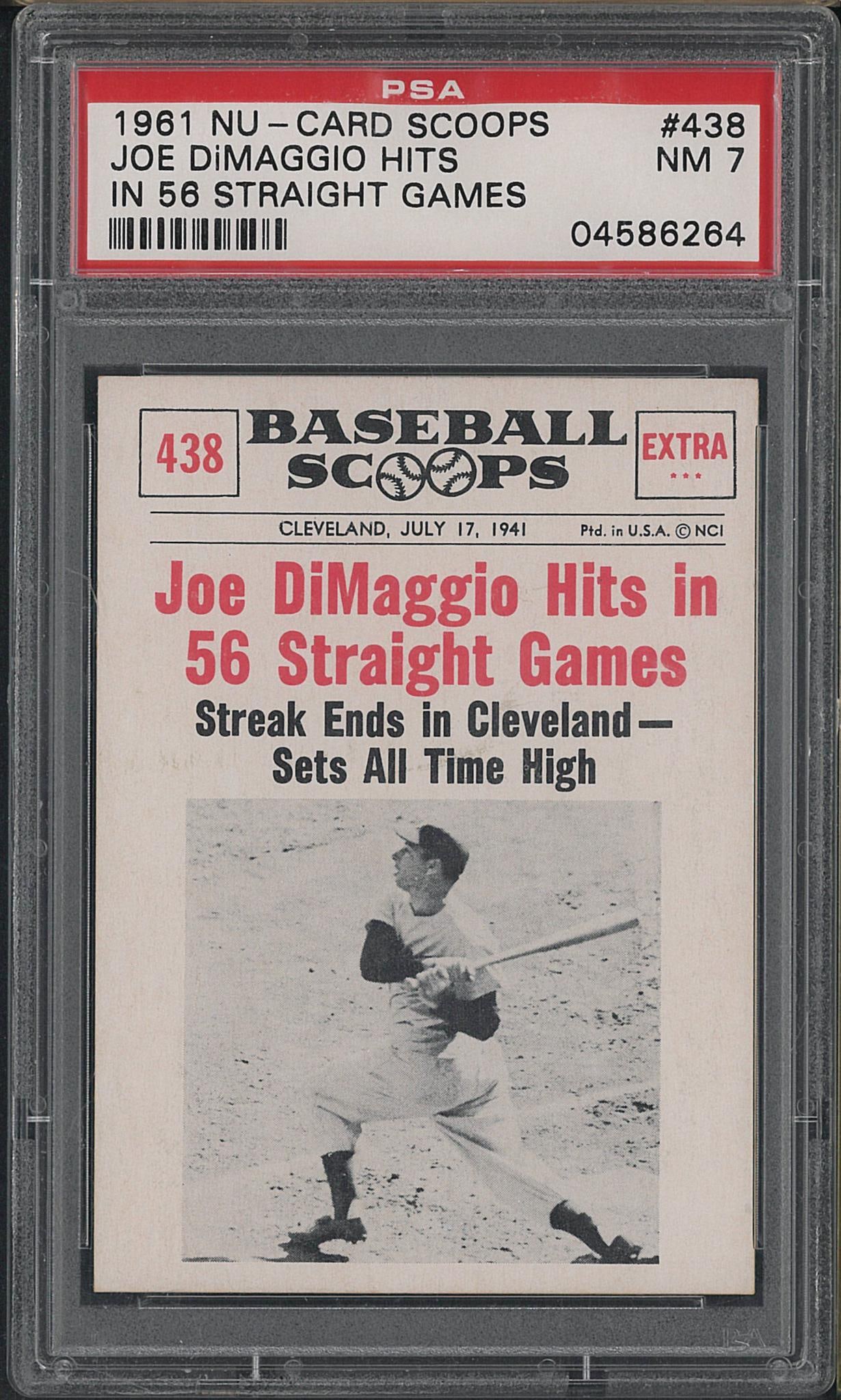 1961 Nu-Card Scoops #438 Joe Dimaggio Hits in 56 Straight Games: 1961 Nu-Card Scoops #438 Joe Dimaggio Hits in 56 Straight Games -PSA NM 7
