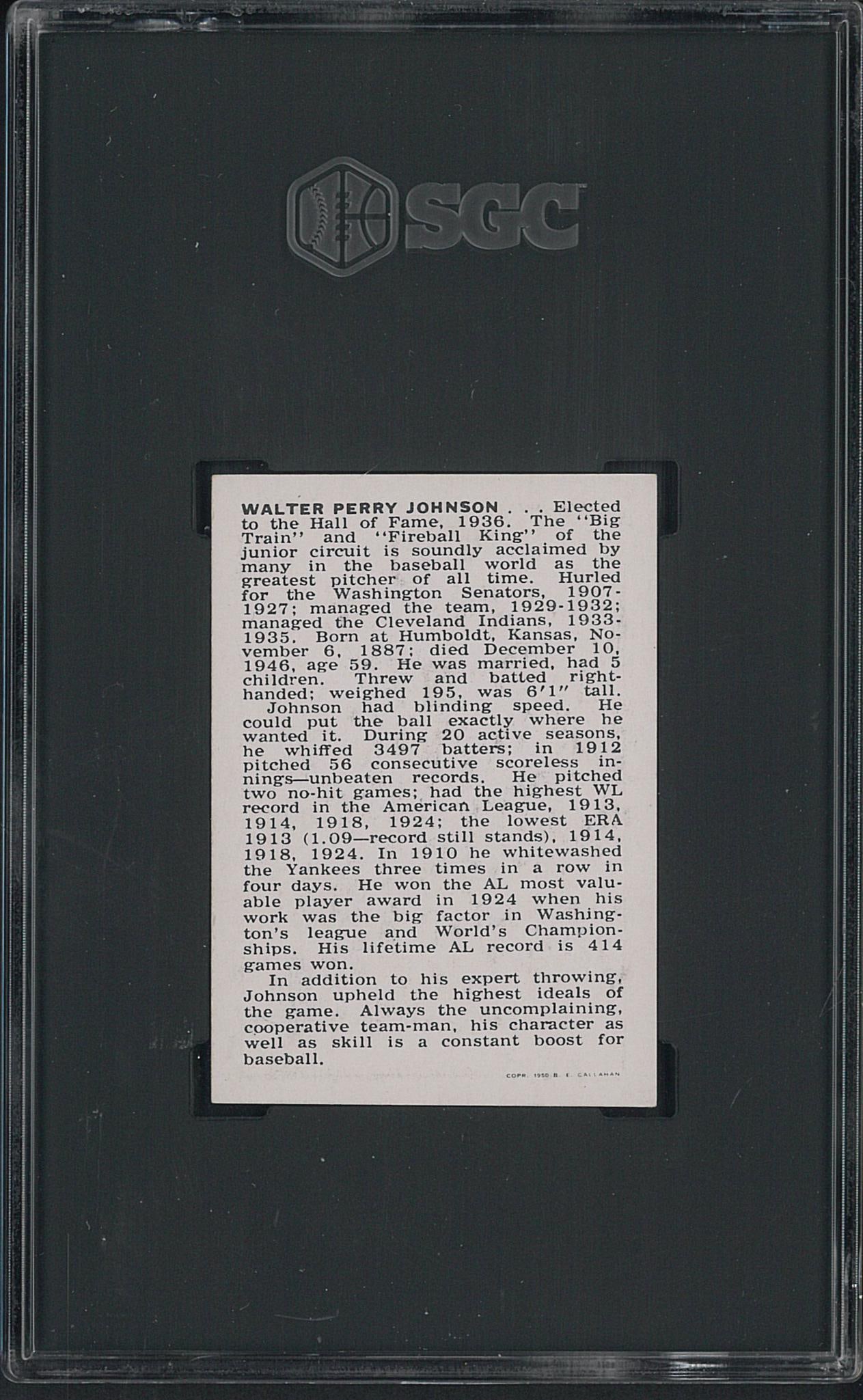 1950 Callahan HOF Walter Johnson - 2