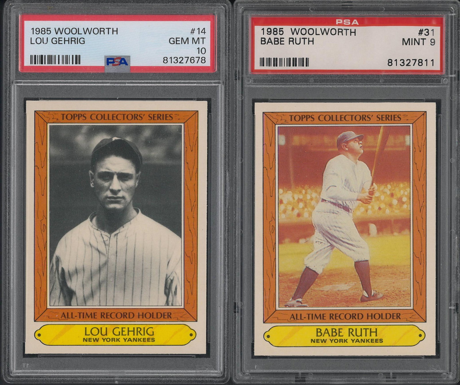 (2) 1985 Woolworth Cards: (2) 1985 Woolworth Cards -#14 Lou Gehrig, PSA Gem MT 10 & #13 Babe Ruth, PSA Mint 9