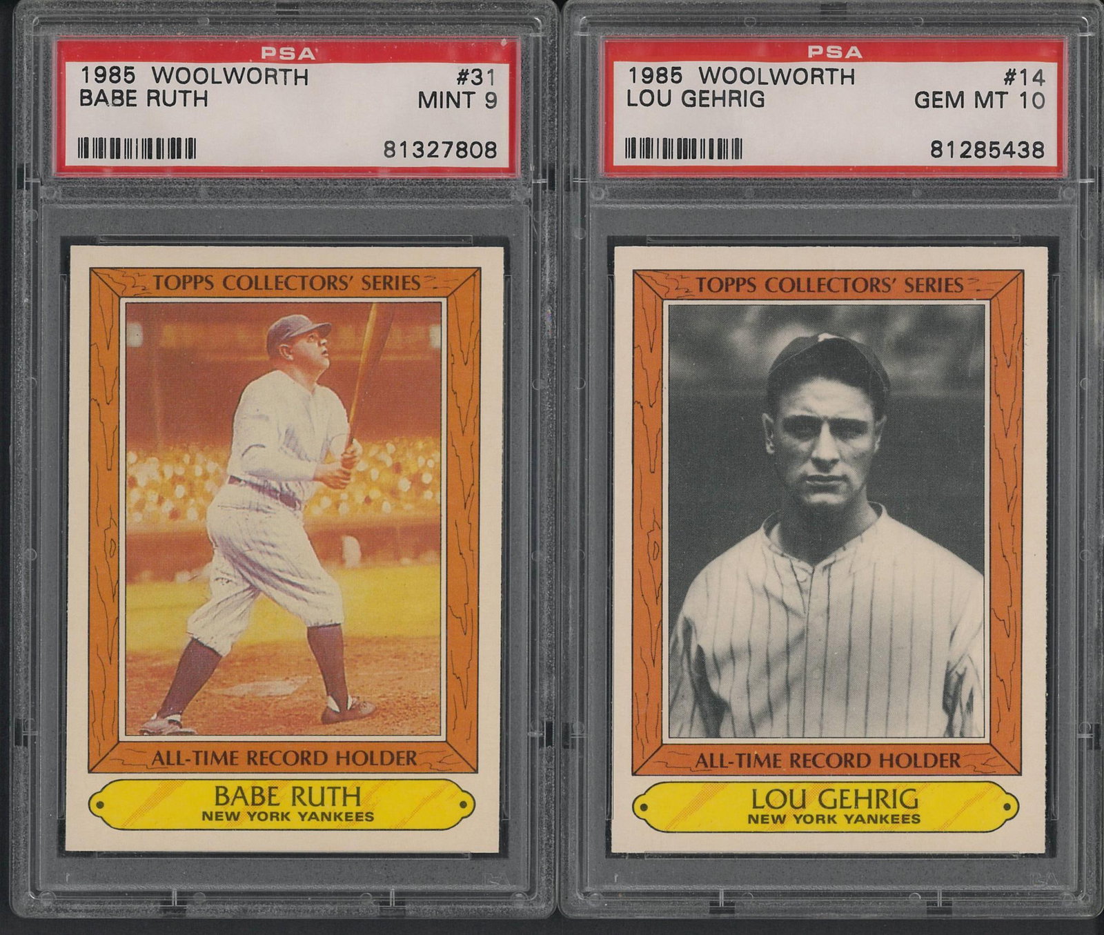 (2) 1985 Woolworth Cards: (2) 1985 Woolworth Cards -#14 Lou Gehrig, PSA Gem MT 10 & #13 Babe Ruth, PSA Mint 9