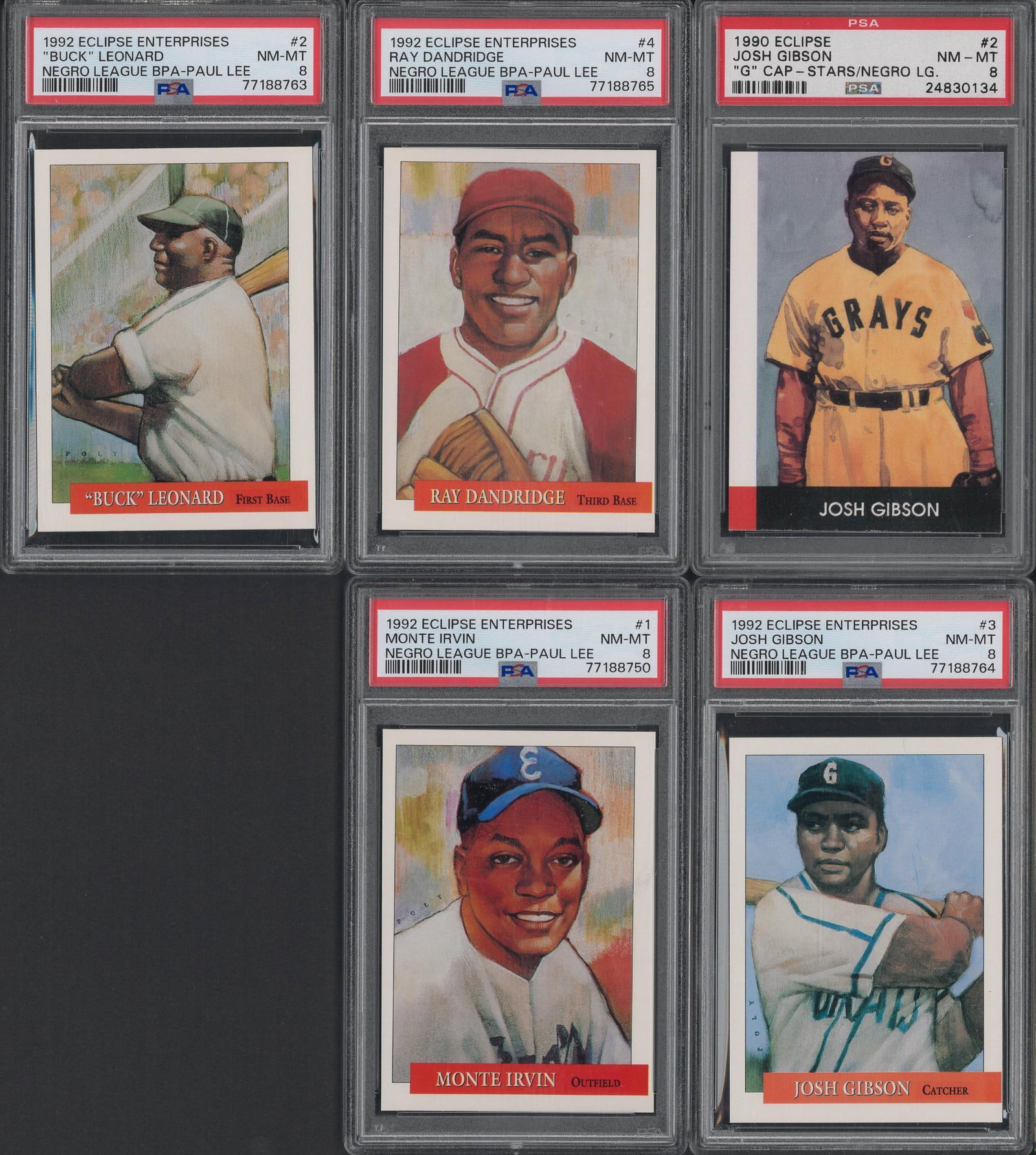 (5) Eclipse Enterprises Cards: (5) Eclipse Enterprises Cards -1990 #2 Josh Gibson; 1992 #2 "Buck" Leonard, #3 Josh Gibson, #1 Monte Irvin, #4 Ray Dandridge; all PSA NM-MT 8